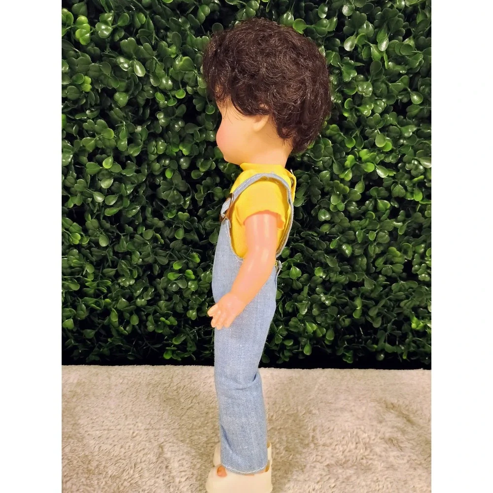 Vintage Plastic Doll Blue Overalls Yellow Shirt Blue Eyes Curly Hair‎ Hong Kong